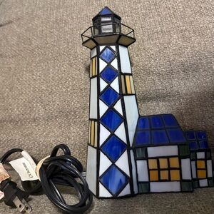 Vintage Stained Glass Light Lighthouse Coastal Beach 9 in Tall Nightlight